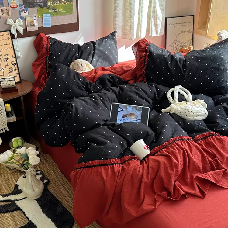 韩式法式慵懒氛围感芙花边四件套女生床上被套床单宿舍床三件套