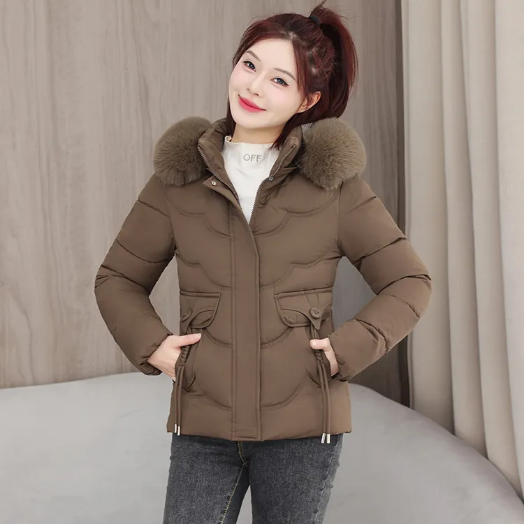 棉服女2025冬季新款修身显瘦可拆卸帽大毛领小个子棉袄女士短棉袄