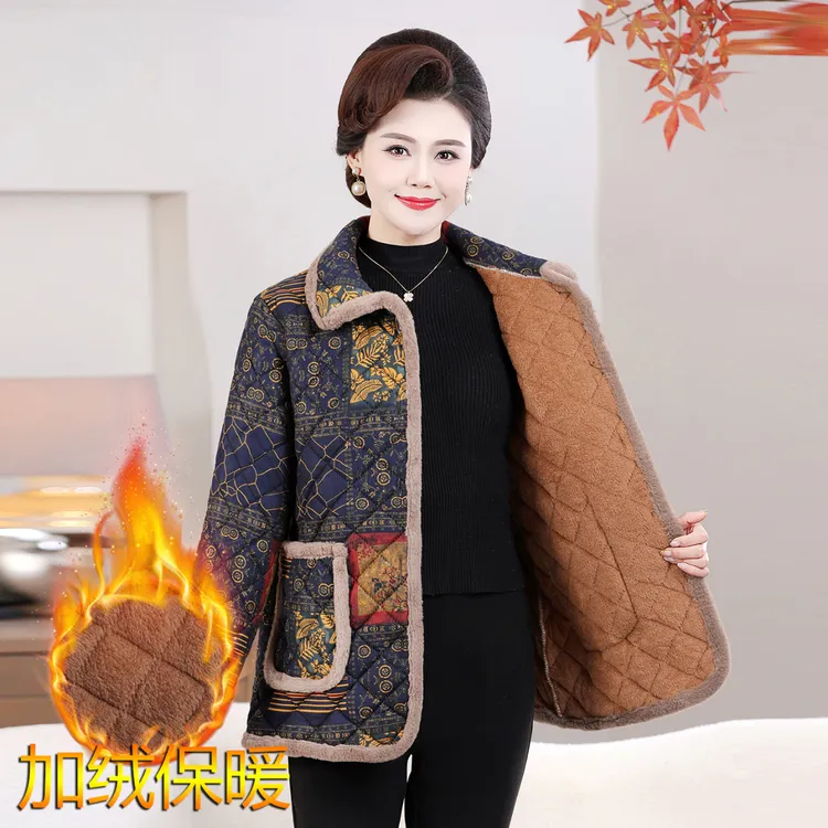 大码中老年时尚新款加绒棉衣宽松棉袄冬季胖妈妈洋气保暖棉服外套