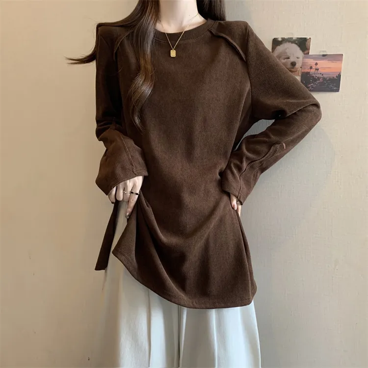 大码设计感侧开叉正肩长袖T恤打底衫女秋季胖mm百搭遮肚遮肉上衣