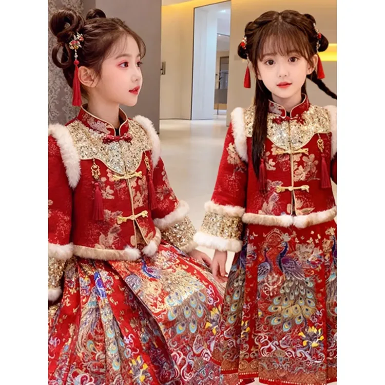 女童中国风汉服套装2025新款红色刺绣唐装边新年拜年服儿童演出服