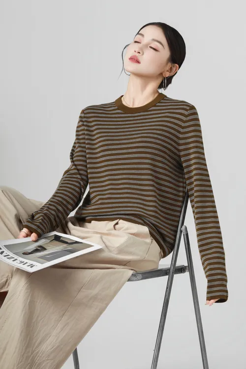 【可可专属】100%扬子精纺羊毛条纹宽松圆领女装宽松针织衫5367