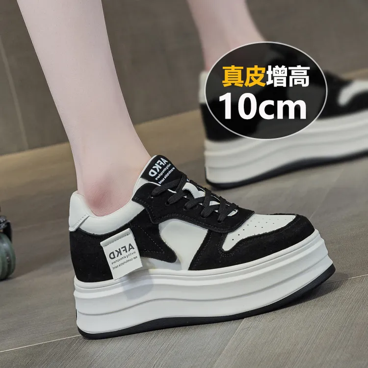 万达撤柜头层牛皮10cm内增高女鞋2025新款春款小个子黑白小白鞋厚