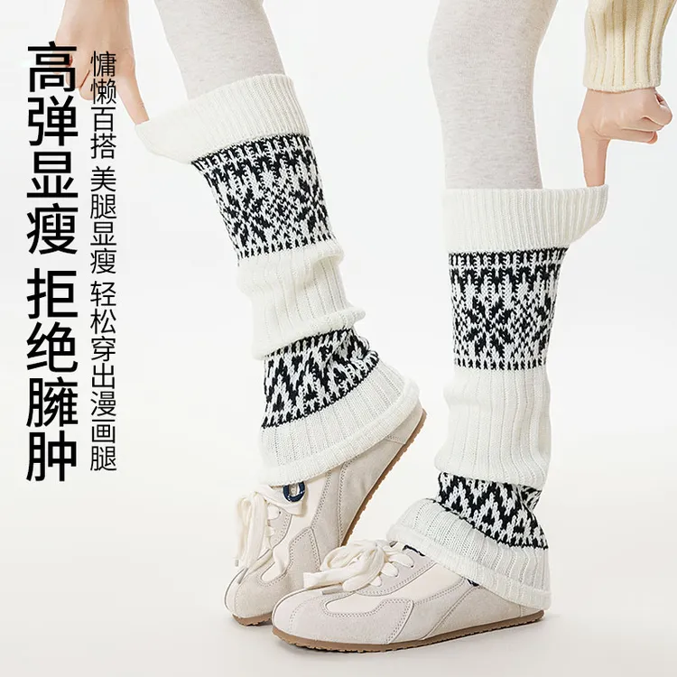 费尔岛雪花袜套女秋冬保暖长筒袜
