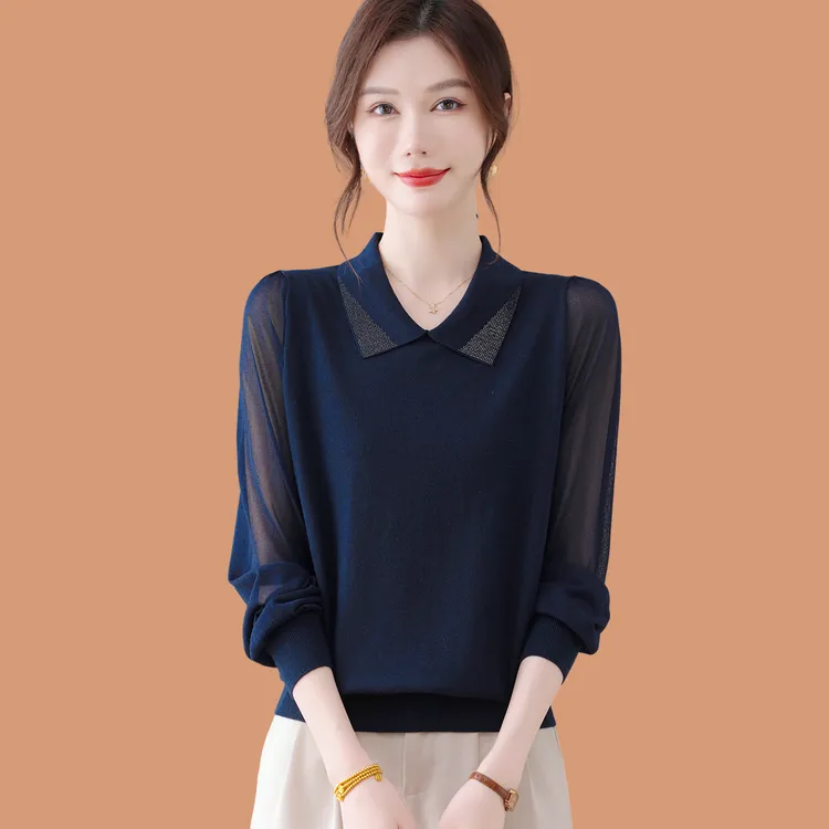 翻领羊毛针织衫长袖t恤女上衣薄款洋气妈妈宽松蕾丝纱袖打底毛衣
