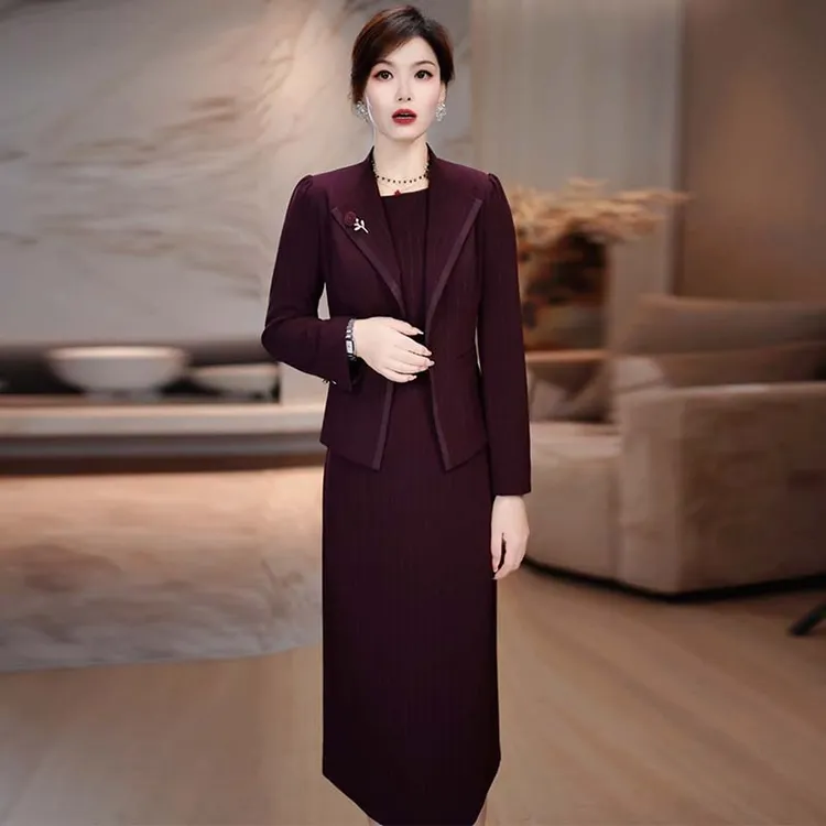 2025秋季妈妈装西装套装女中老年时尚气质端庄显瘦连衣裙两件套