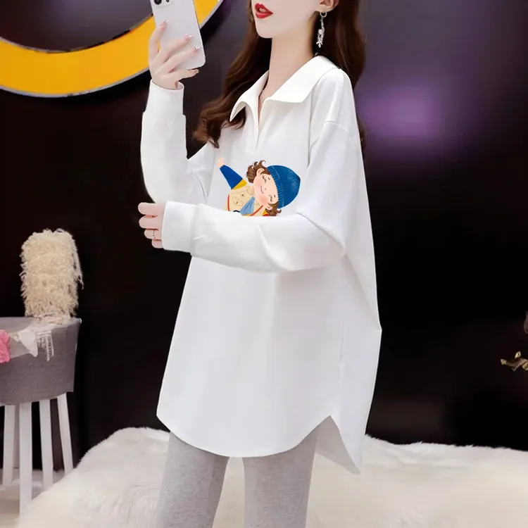 中长款印花t恤秋季新款POLO领显瘦上衣白色长袖慵懒风女士打底衫