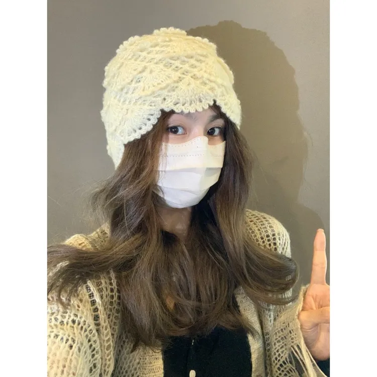 日系手工钩针双层加厚秋冬新款花朵针织帽子女包头帽百搭ins韩版