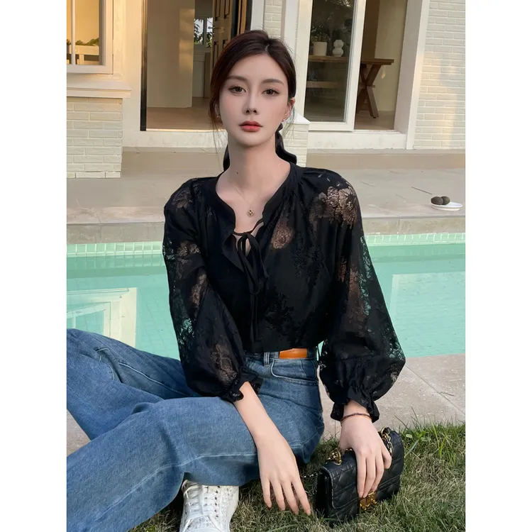 已出货春夏新款黑色衬衫法式复古系带泡泡灯笼袖长袖衬衣上衣
