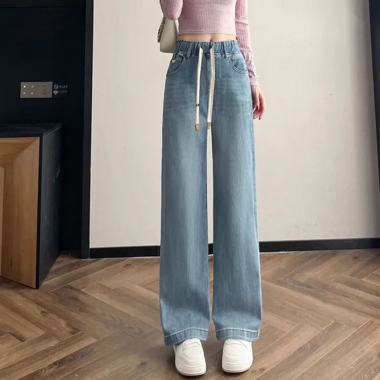 松紧腰直筒牛仔裤女秋新款复古高腰显瘦休闲宽松小个子窄版阔腿裤
