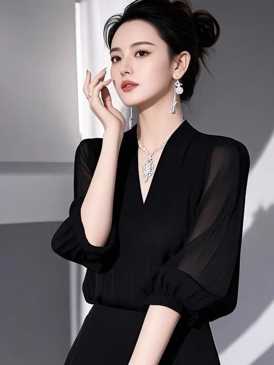 SS1213夏法式减龄百搭显瘦衬衫小众设计感轻奢黑色衬衣半裙两件套
