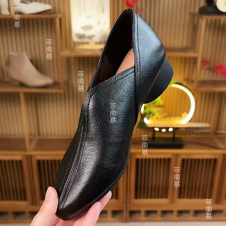 2025春秋季新款法式复古风粗跟深口单鞋一脚蹬舒适软底女鞋1676