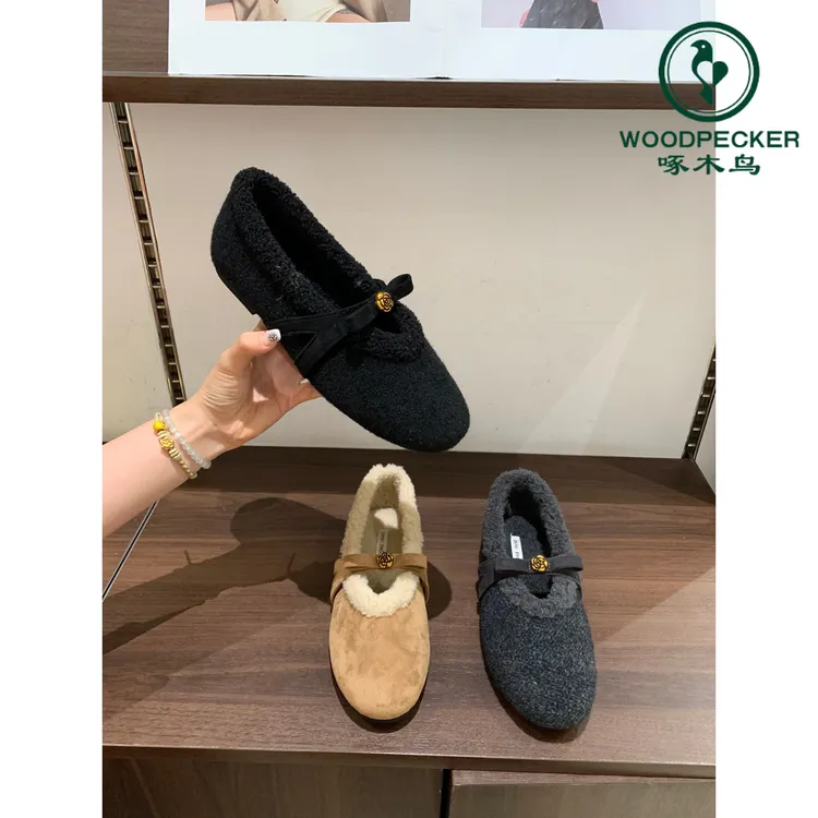 啄木鸟法式小香风羊糕毛玛丽珍鞋女平底2025秋冬加绒毛毛鞋棉单鞋