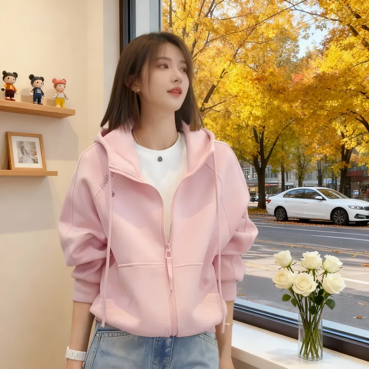 粉色开衫连帽卫衣外套女图案刺绣秋季慵懒风时尚百搭休闲宽松上衣