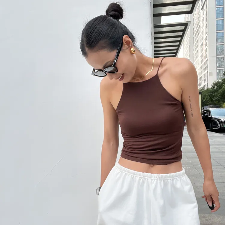 708兰精莫代尔精织爽滑透气（带杯垫）性感挂脖露背吊带背心度假风