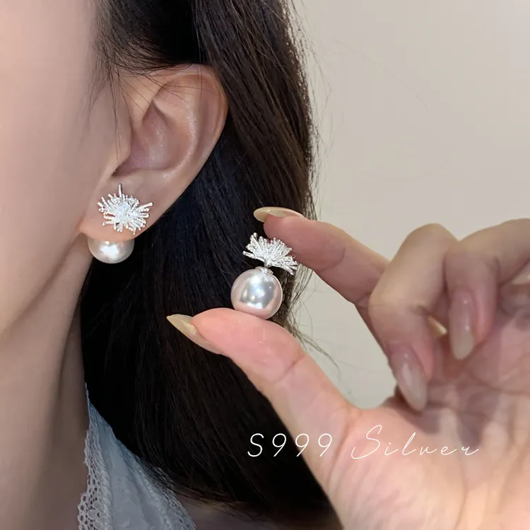 合金仿珍珠耳饰 999纯银耳针烟花珠珠耳钉女轻奢高级感气质耳环