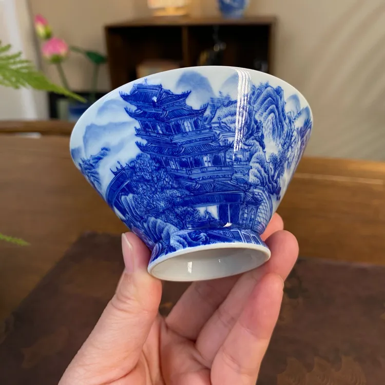 【九茗珍藏】亭台楼阁斗笠杯 景德镇手工手绘 容量100毫升