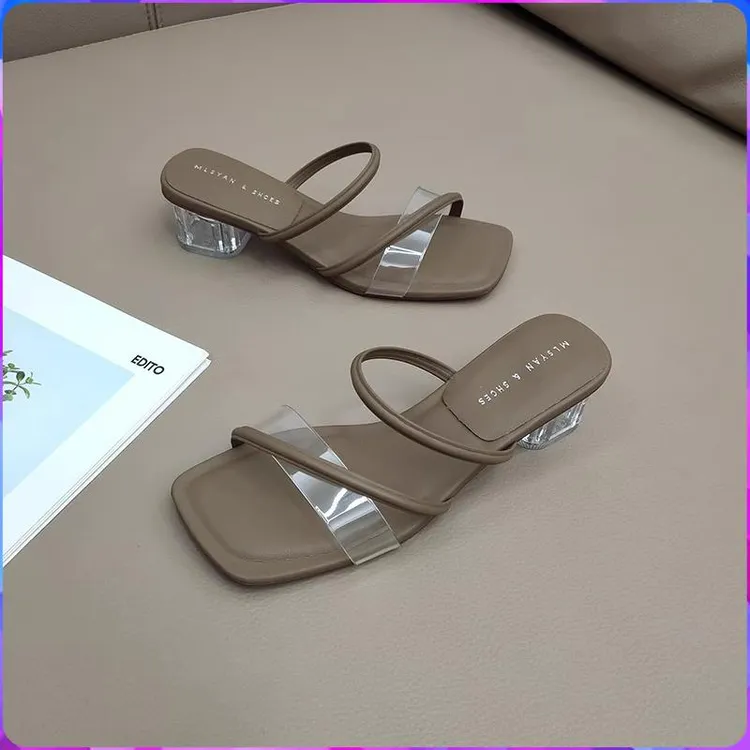 浴室防滑防臭凉拖洗澡水晶拖鞋女夏外穿凉仙女温柔风带粗跟高跟鞋