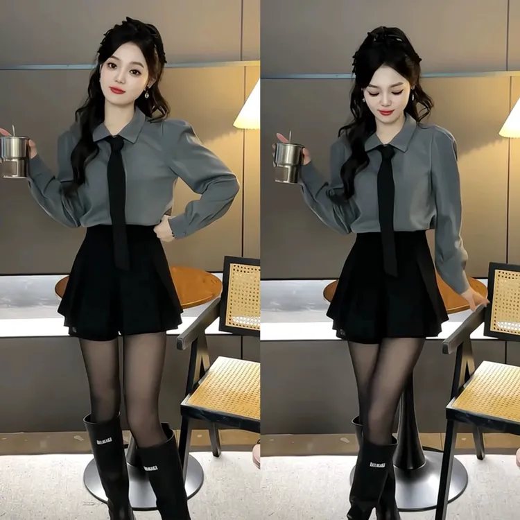 学院风翻领泡泡袖短款衬衫半身裙两件套女秋冬季新款洋气时尚套装