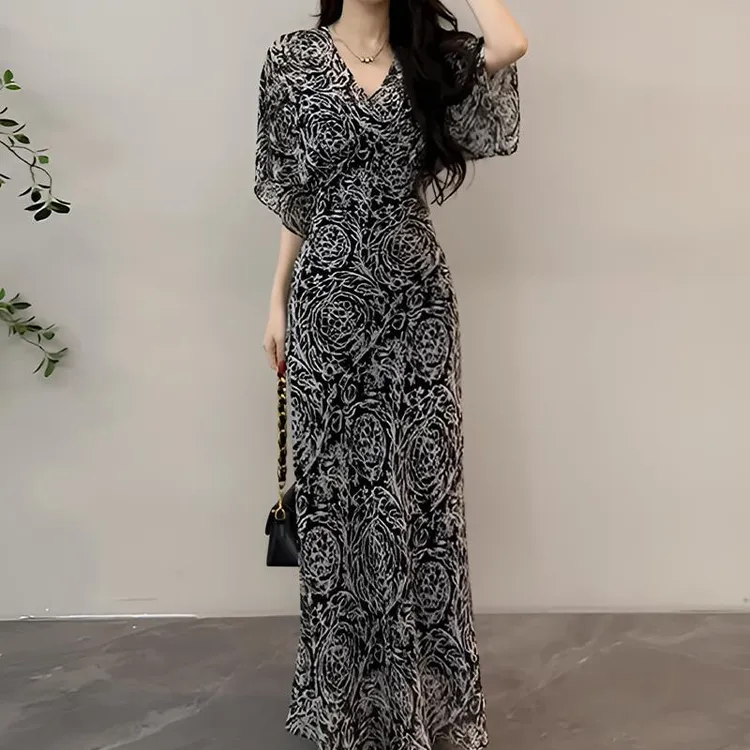 【大婷】新款夏季遮肚显瘦时尚设计感赫本风V领收腰连衣裙水墨长裙