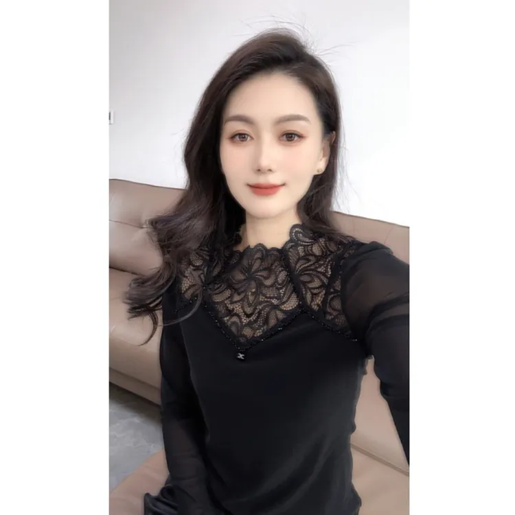 微透圆领花边长袖女款T恤秋季新款独特漂亮小衫纯色洋气时尚上衣
