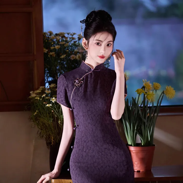2025夏季新款旗袍紫色送考紫气东来旗袍新中式盘扣高端优雅女旗袍