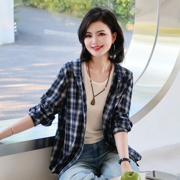 枫竺阿楠anan休闲连帽格纹刺绣长袖衬衫女秋季休闲外穿上衣外套