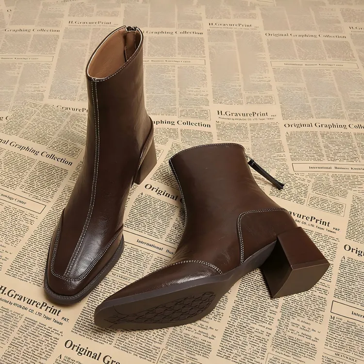 粗跟搭裙子复古方头中跟短靴女小个子高跟瘦瘦靴秋冬粗跟马丁靴