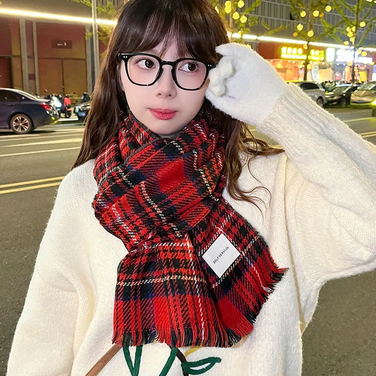 红色格子围巾女冬季保暖复古高级感新年礼物围脖披肩学生时尚潮流