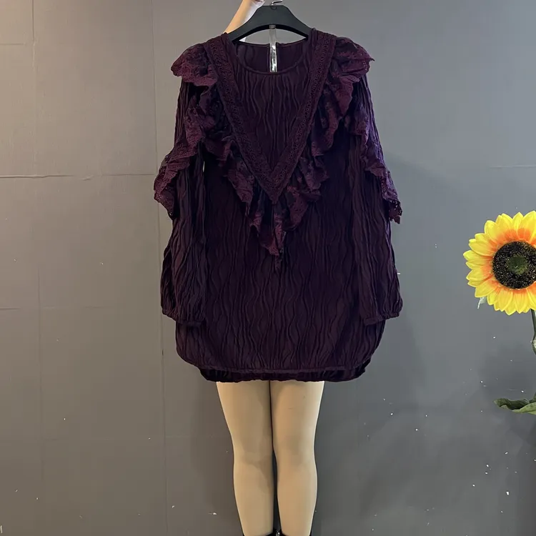 新款韩版简约圆领波浪纹荷叶边宽松遮肚子轻熟风显瘦大衫