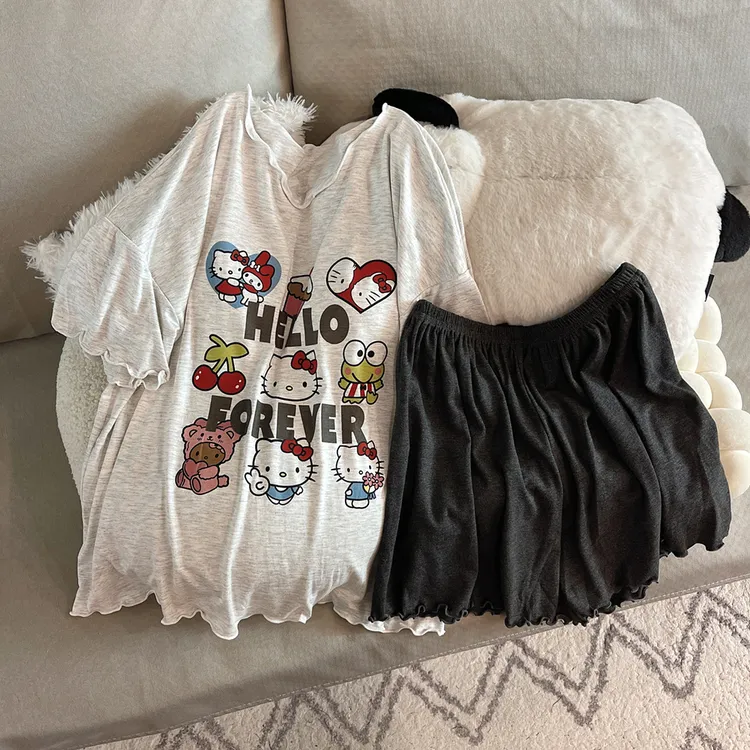 2025夏季新款莫代尔睡衣女带胸垫短袖短裤宽松甜美简约网红家居服