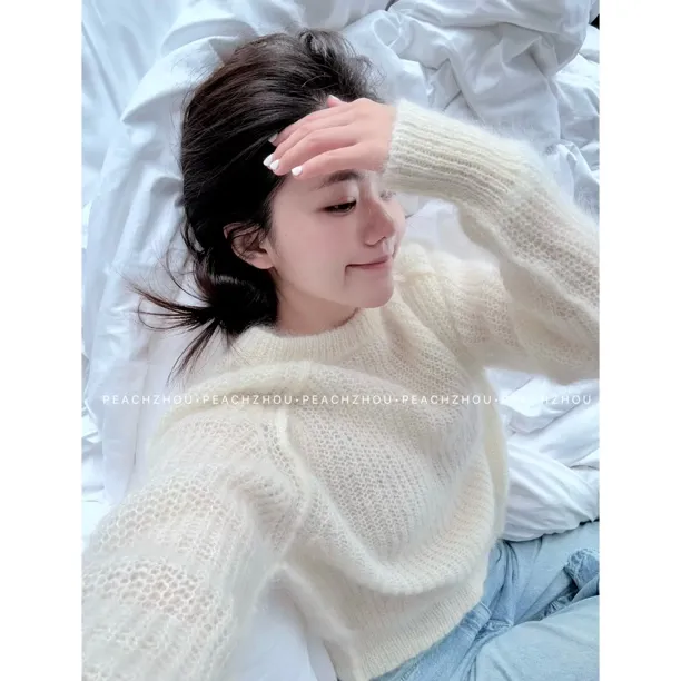 PEACHZHOU 超细马海羊毛插肩宽松圆领针织衫通勤休闲松弛毛衣