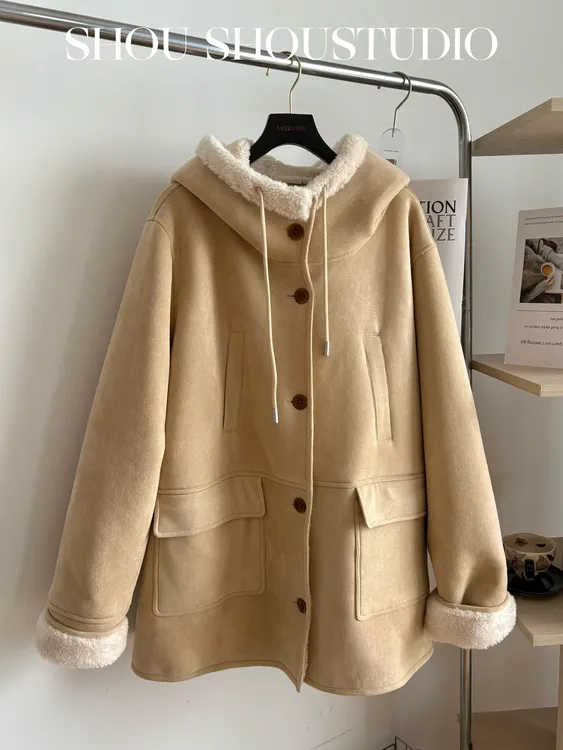 【瘦瘦】栗子奶油-大码加厚连帽皮毛一体宽松外套S02157