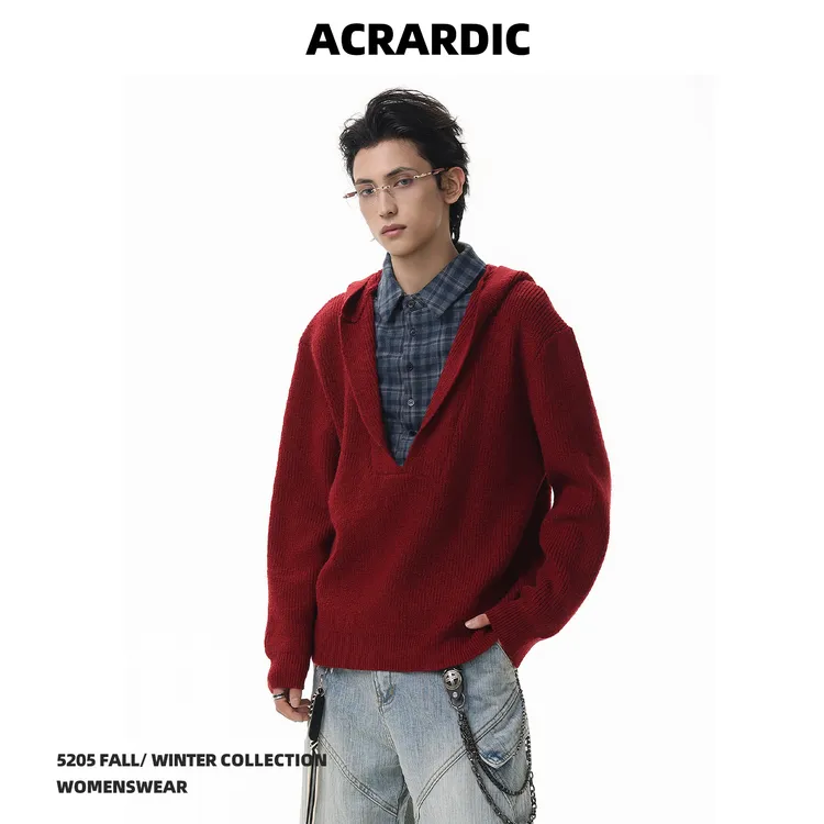 ACRARDIC秋冬潮牌设计感格子拼接假两件毛衣男美式慵懒风针织上衣