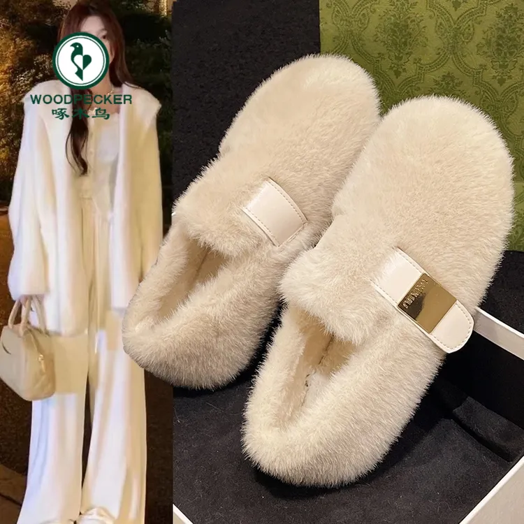 啄木鸟白色勃肯玛丽珍毛毛鞋加绒保暖水貂毛秋冬2025新款豆豆棉鞋
