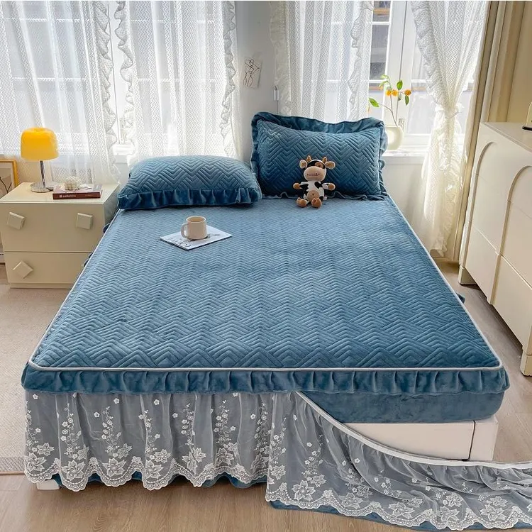 可脱卸牛奶绒床笠款床裙二合一蕾丝花边夹棉床罩加绒防滑床垫套冬