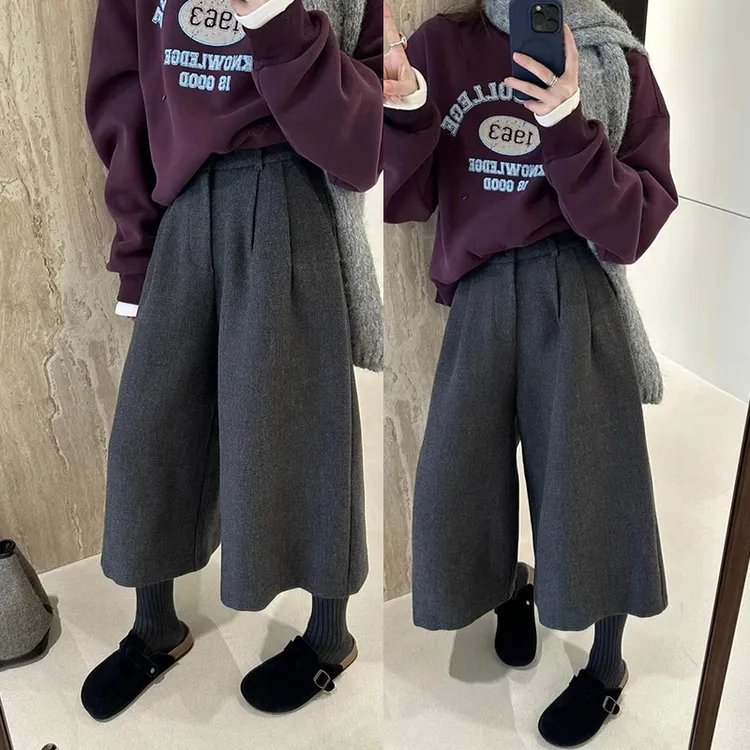 日系毛呢宽松显瘦七分裤女秋季新款时尚高腰百搭休闲裤八分阔腿裤