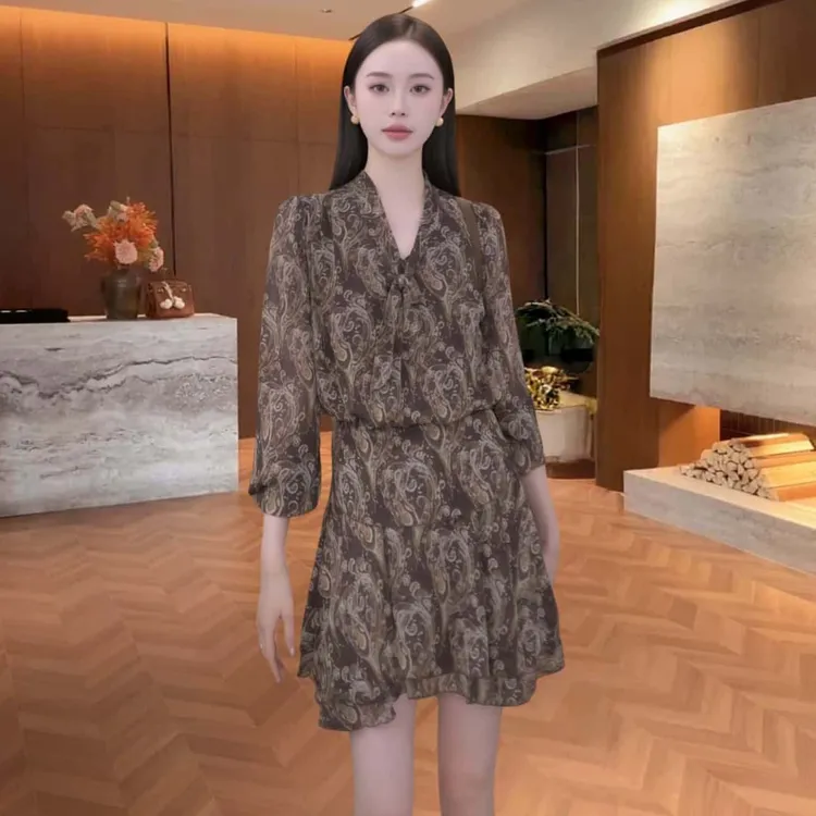 秋季气质复古印花V领绑带套头连衣裙女2025休闲宽松显瘦腰果裙