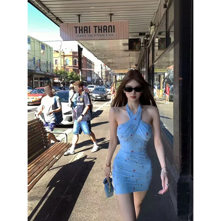 【悉尼假日】夏季新款网纱刺绣挂脖连衣裙女收腰显瘦包臀短裙带胸垫