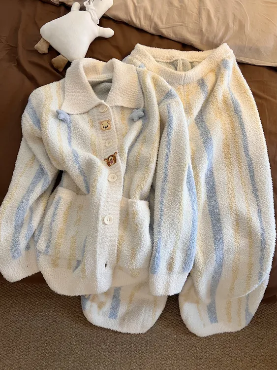 温柔星星条纹维尼熊卡通半边绒睡衣女秋冬款加厚家居服套装可外穿