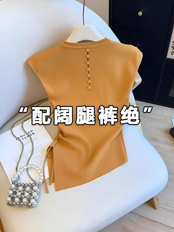 剪标撤回外贸~后背镂空针织T恤女2025夏季新款抽绳收腰百搭上衣潮
