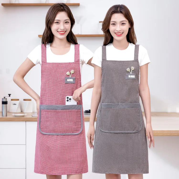 格流加厚耐磨棉布围裙家用厨房田园风时尚防污耐脏透气背带围裙