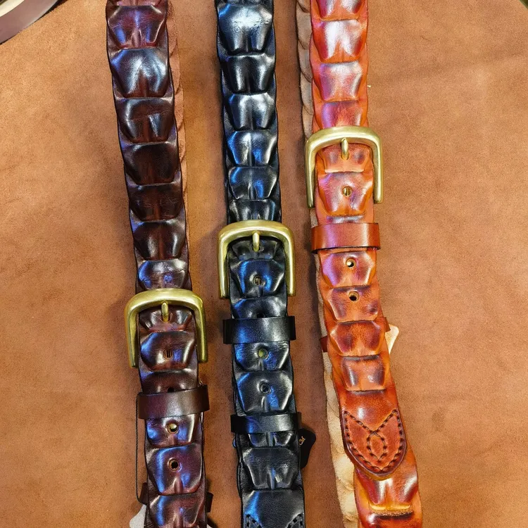 【春儿手工皮具】真皮手工编织牛仔牛皮腰带男士铜针扣休闲复古皮带