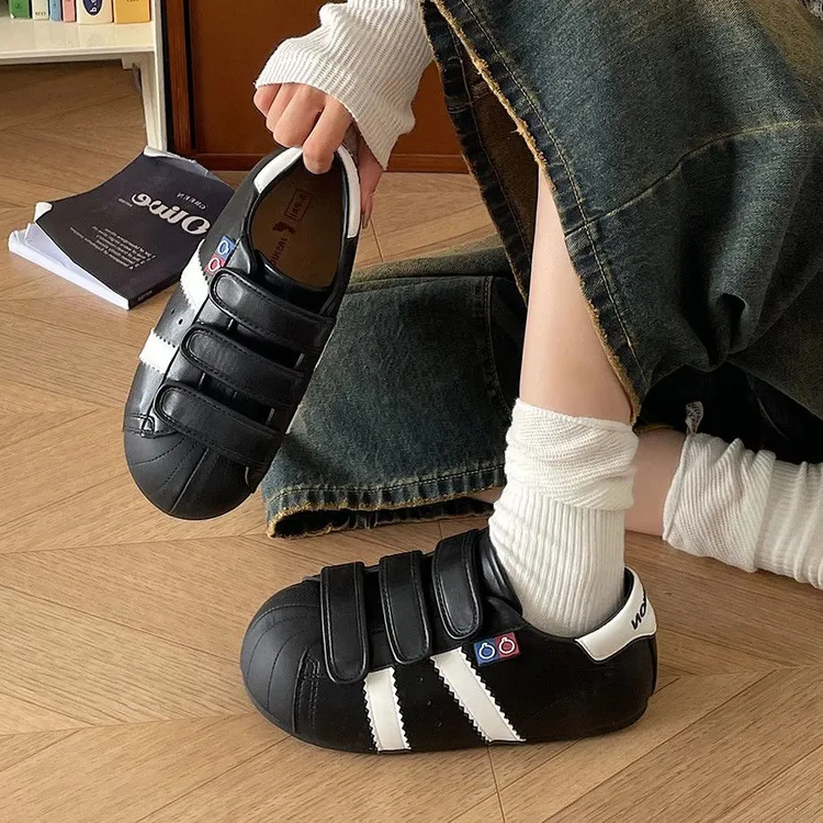丑萌魔术贴贝壳头小白鞋女2025夏秋新款平底内增高运动鞋休闲板鞋