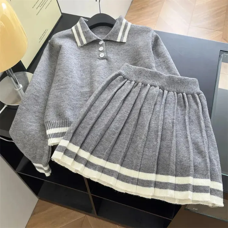 学院风撞色polo领长袖针织衫毛衣上衣 高腰半身裙百褶裙两件套女