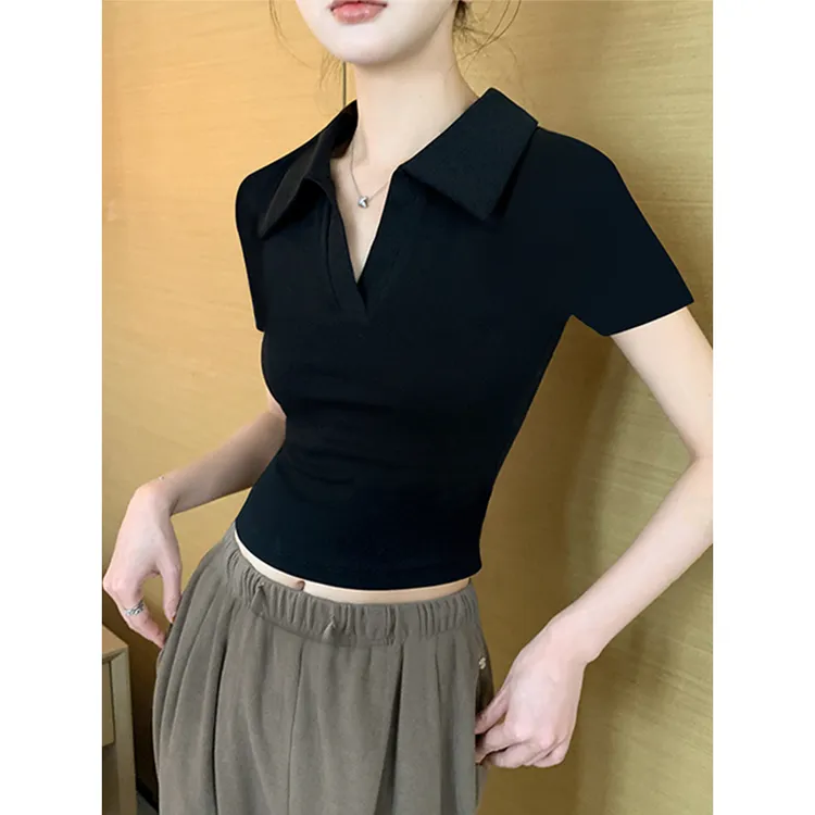 黑色短袖t恤女夏季Polo领正肩 韩系ins风辣妹装2025新款修身显瘦