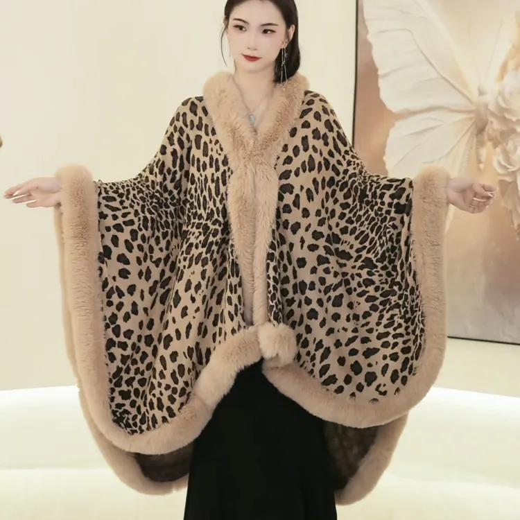 毛领格子女加厚厚款毛针织衫冬季网红提花豹纹连帽