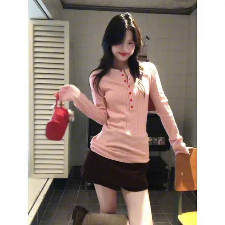 MARIE.COCO甜美风粉色半开领长袖针织开衫女秋季新款A字半身短裙