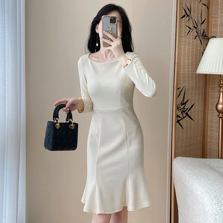 连衣裙长袖高腰鱼尾礼服法式轻奢气质中长款秋冬女神范