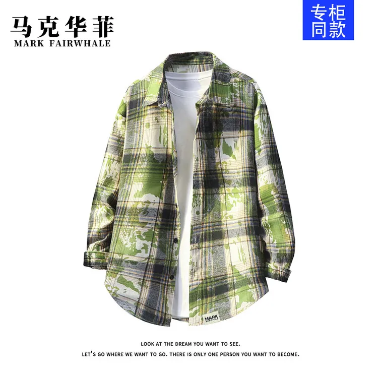 马克华菲美式扎染条纹格子长袖衬衫男女复古上衣外套春秋潮流印花